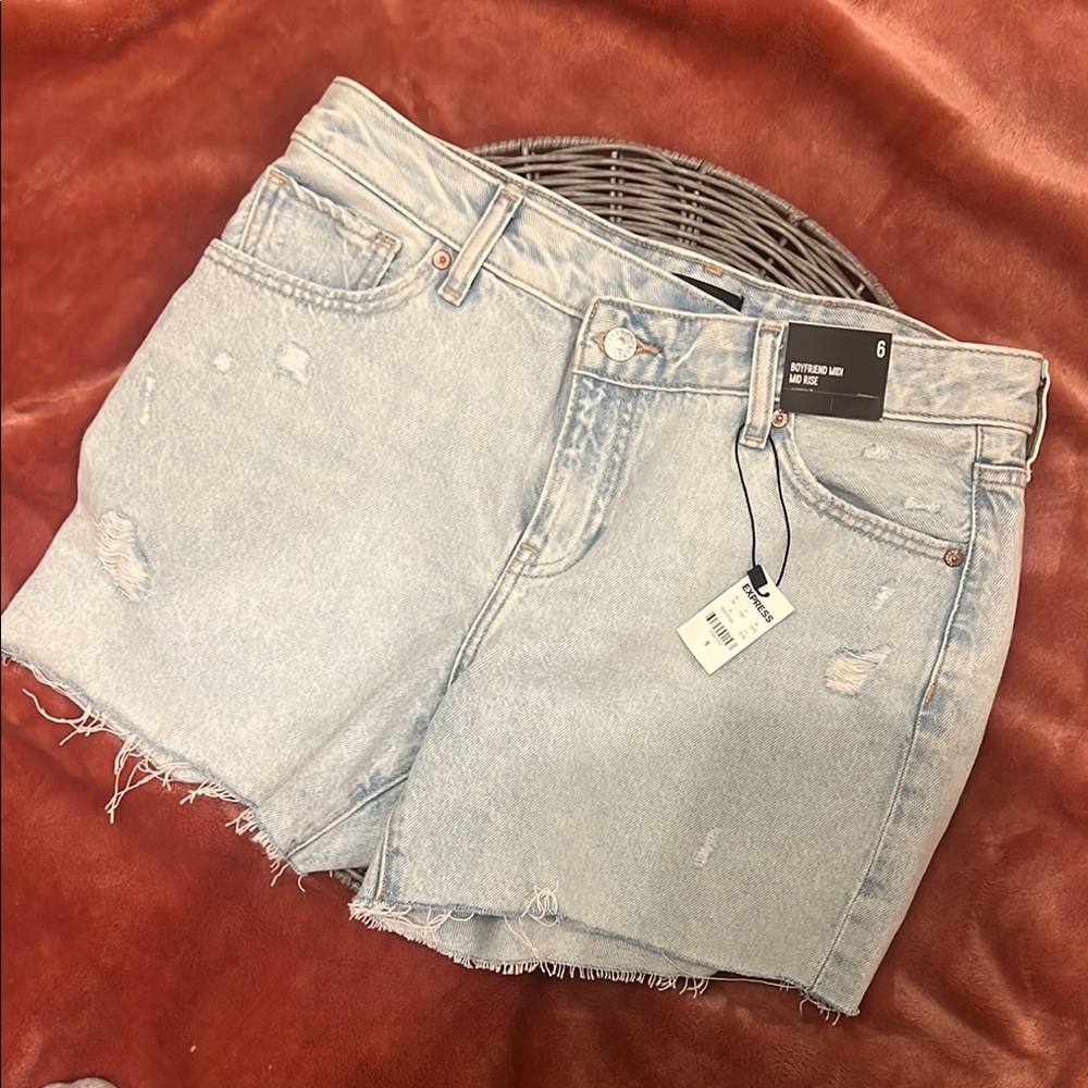 Express Boyfriend Midi Mid Rise Denim Shorts